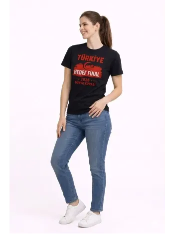 Kadın Türkiye Baskılı Tişört Ay Yıldız 2026 Dünya Kupası Taraftar Forma T-shirt - Siyah