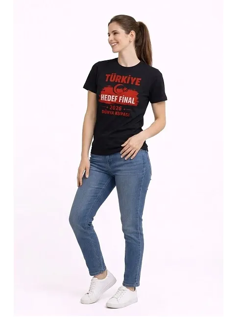 Kadın Türkiye Baskılı Tişört Ay Yıldız 2026 Dünya Kupası Taraftar Forma T-shirt - Siyah