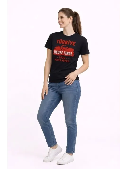 Kadın Türkiye Baskılı Tişört Ay Yıldız 2026 Dünya Kupası Taraftar Forma T-shirt - Siyah