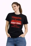 Kadın Türkiye Baskılı Tişört Ay Yıldız 2026 Dünya Kupası Taraftar Forma T-shirt - Siyah