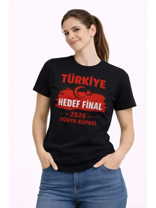 Kadın Türkiye Baskılı Tişört Ay Yıldız 2026 Dünya Kupası Taraftar Forma T-shirt - Siyah