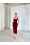 Kadın İp Askılı Sırt Dekolteli Bağlama Detaylı Yırtmaçlı Midi Elbise - Bordo