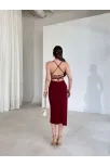 Kadın İp Askılı Sırt Dekolteli Bağlama Detaylı Yırtmaçlı Midi Elbise - Bordo