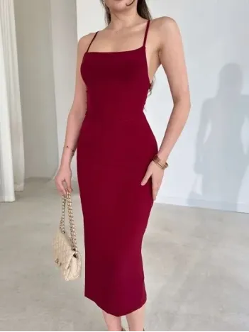Kadın İp Askılı Sırt Dekolteli Bağlama Detaylı Yırtmaçlı Midi Elbise - Bordo