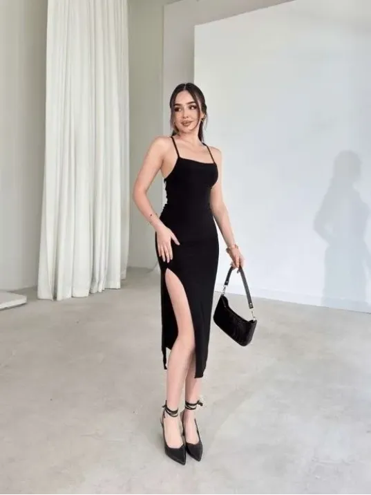 Kadın İp Askılı Sırt Dekolteli Bağlama Detaylı Yırtmaçlı Midi Elbise - Siyah