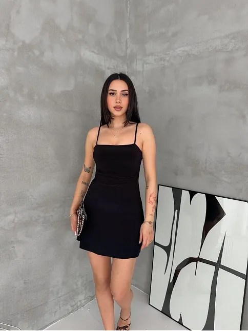 Kadın Askılı Şifon Mini Elbise Drapeli Bel Vücuda Oturan Yazlık Şık - Siyah