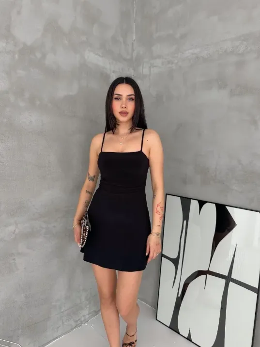 Kadın Askılı Şifon Mini Elbise Drapeli Bel Vücuda Oturan Yazlık Şık - Siyah