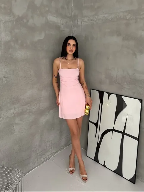 Kadın Askılı Şifon Mini Elbise Drapeli Bel Vücuda Oturan Yazlık Şık - Pembe