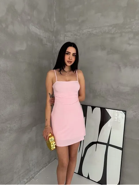 Kadın Askılı Şifon Mini Elbise Drapeli Bel Vücuda Oturan Yazlık Şık - Pembe
