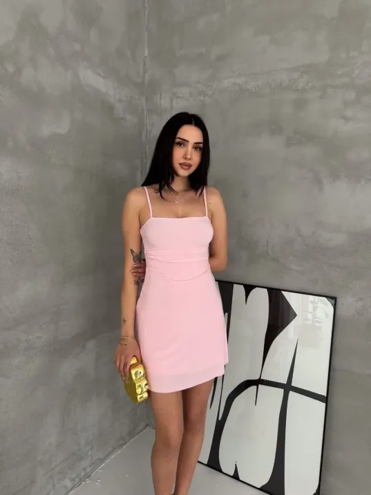 Kadın Askılı Şifon Mini Elbise Drapeli Bel Vücuda Oturan Yazlık Şık - Pembe