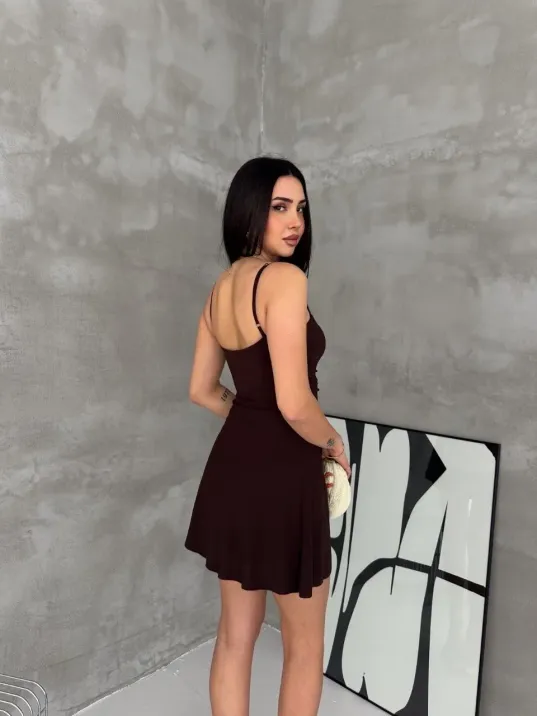 Kadın Askılı Şifon Mini Elbise Drapeli Bel Vücuda Oturan Yazlık Şık - Kahverengi Kadın Askılı Şifon Mini Elbise Drapeli Bel Vücuda Oturan Yazlık Şık - Kahverengi