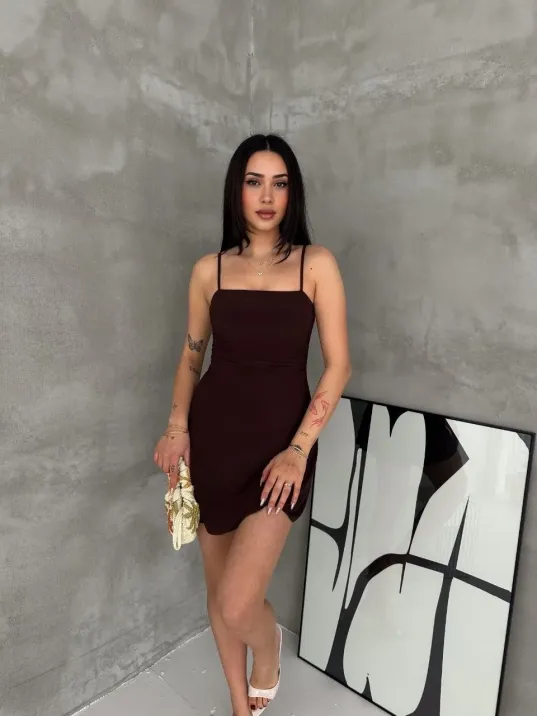 Kadın Askılı Şifon Mini Elbise Drapeli Bel Vücuda Oturan Yazlık Şık - Kahverengi Kadın Askılı Şifon Mini Elbise Drapeli Bel Vücuda Oturan Yazlık Şık - Kahverengi