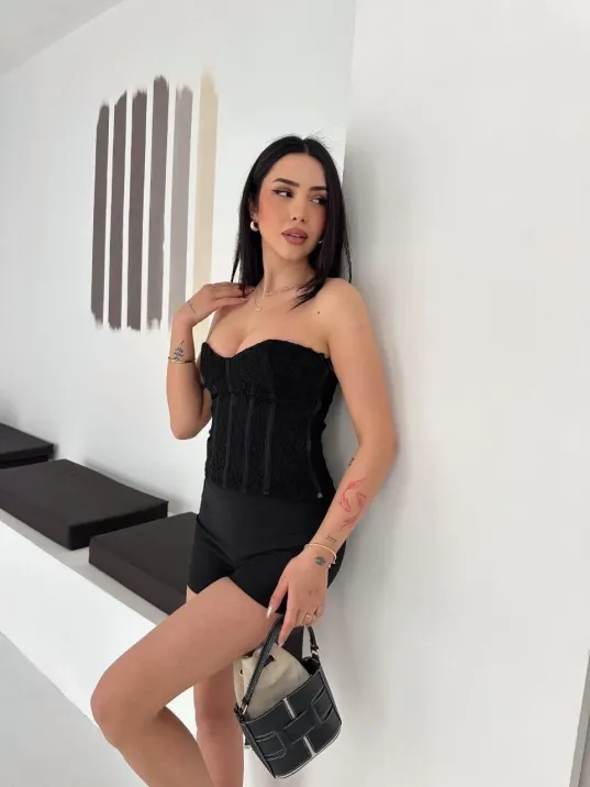 Kadın Fermuarlı Dantel Korse Straplez Bustiyer Transparan Şık Top - Siyah