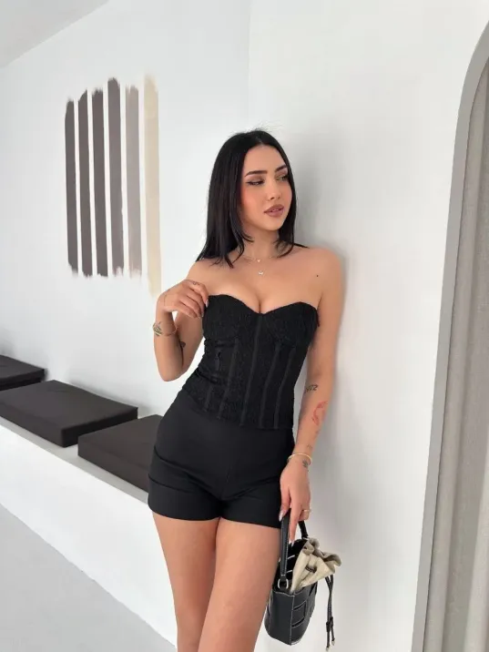 Kadın Fermuarlı Dantel Korse Straplez Bustiyer Transparan Şık Top - Siyah