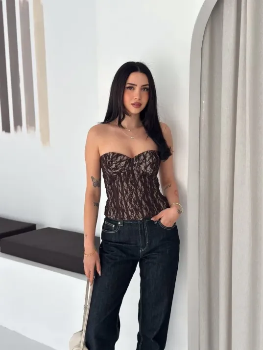 Kadın Fermuarlı Dantel Korse Straplez Bustiyer Transparan Şık Top - Kahverengi