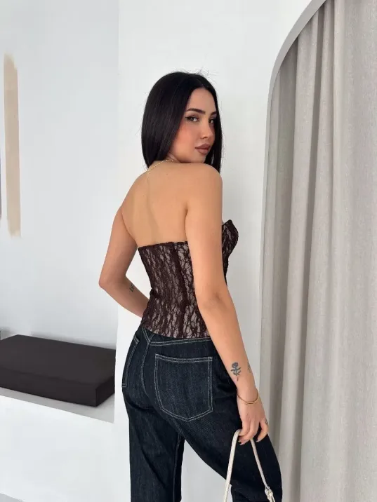 Kadın Fermuarlı Dantel Korse Straplez Bustiyer Transparan Şık Top - Kahverengi