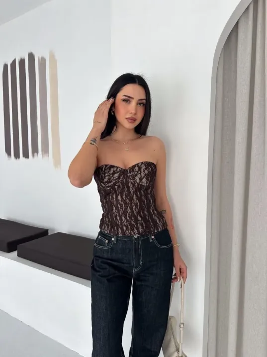 Kadın Fermuarlı Dantel Korse Straplez Bustiyer Transparan Şık Top - Kahverengi