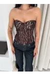 Kadın Fermuarlı Dantel Korse Straplez Bustiyer Transparan Şık Top - Kahverengi