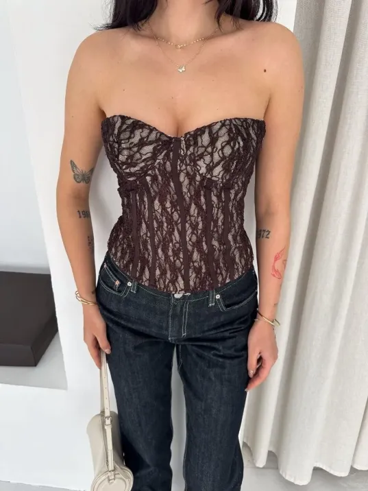 Kadın Fermuarlı Dantel Korse Straplez Bustiyer Transparan Şık Top - Kahverengi
