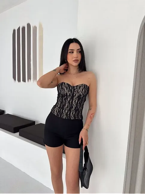 Kadın Fermuarlı Dantel Korse Straplez Bustiyer Transparan Şık Top - Bej