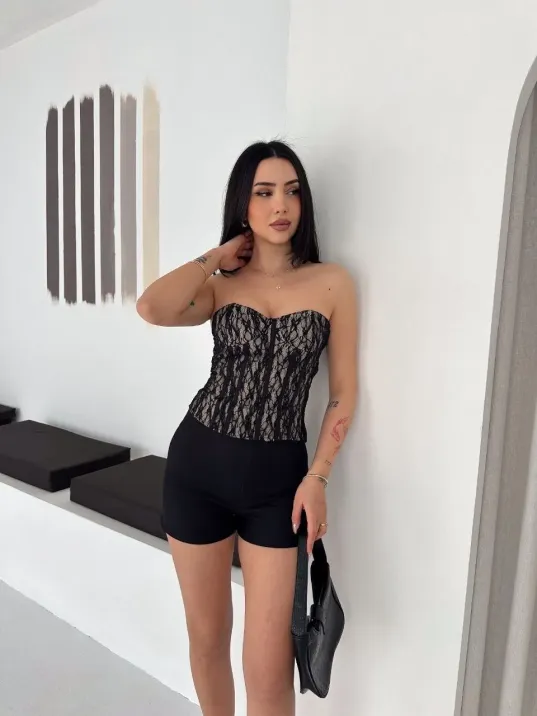 Kadın Fermuarlı Dantel Korse Straplez Bustiyer Transparan Şık Top - Bej