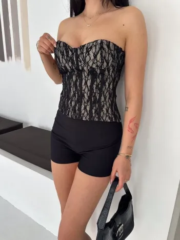 Kadın Fermuarlı Dantel Korse Straplez Bustiyer Transparan Şık Top - Bej