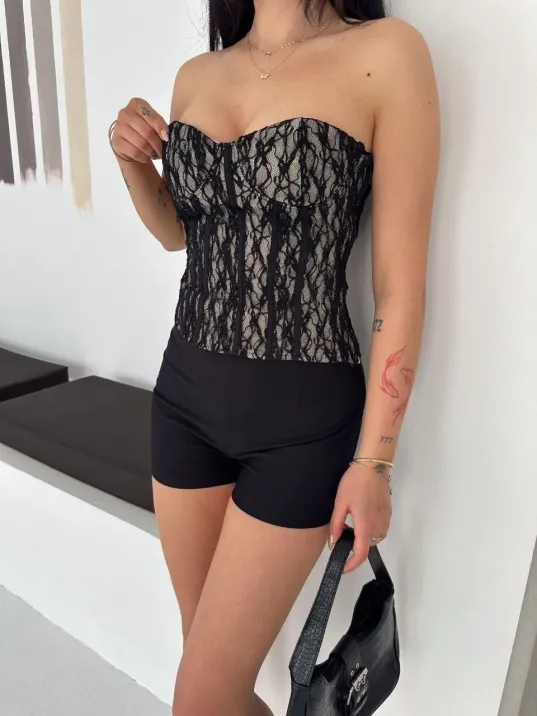 Kadın Fermuarlı Dantel Korse Straplez Bustiyer Transparan Şık Top - Bej