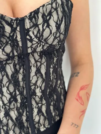 Kadın Fermuarlı Dantel Korse Straplez Bustiyer Transparan Şık Top - Bej