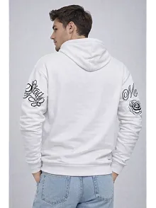 Erkek 3 İplik Pamuklu Kapüşonlu Baskılı Sweatshirt Hoodie - Beyaz