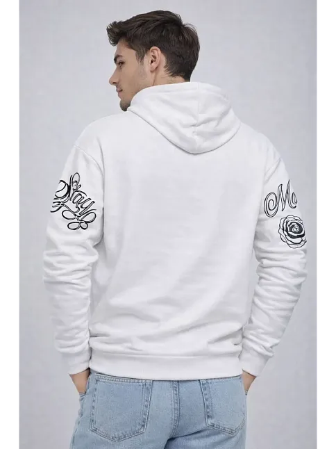 Erkek 3 İplik Pamuklu Kapüşonlu Baskılı Sweatshirt Hoodie - Beyaz