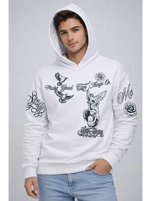 Erkek 3 İplik Pamuklu Kapüşonlu Baskılı Sweatshirt Hoodie - Beyaz