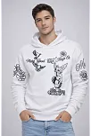 Erkek 3 İplik Pamuklu Kapüşonlu Baskılı Sweatshirt Hoodie - Beyaz