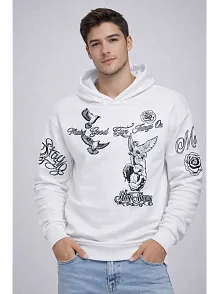 Erkek 3 İplik Pamuklu Kapüşonlu Baskılı Sweatshirt Hoodie - Beyaz