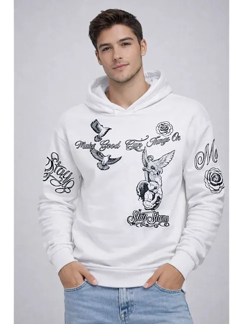 Erkek 3 İplik Pamuklu Kapüşonlu Baskılı Sweatshirt Hoodie - Beyaz