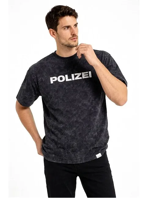 Erkek Asit Yıkamalı Baskılı Tişört Bisiklet Yaka Kısa Kollu Streetwear T-shirt - Siyah