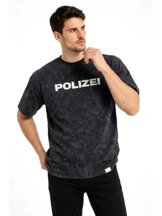 Erkek Asit Yıkamalı Baskılı Tişört Bisiklet Yaka Kısa Kollu Streetwear T-shirt - Siyah