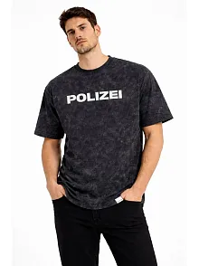 Erkek Asit Yıkamalı Baskılı Tişört Bisiklet Yaka Kısa Kollu Streetwear T-shirt - Siyah