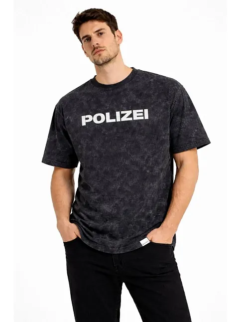 Erkek Asit Yıkamalı Baskılı Tişört Bisiklet Yaka Kısa Kollu Streetwear T-shirt - Siyah