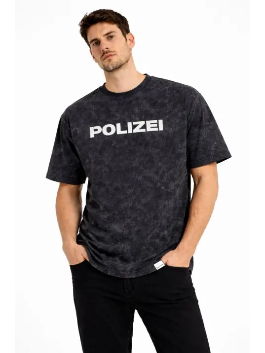 Erkek Asit Yıkamalı Baskılı Tişört Bisiklet Yaka Kısa Kollu Streetwear T-shirt - Siyah