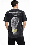 Erkek Asit Yıkamalı Baskılı Tişört Bisiklet Yaka Kısa Kollu Streetwear T-shirt - Siyah