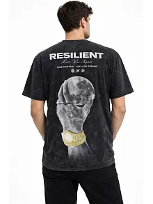 Erkek Asit Yıkamalı Baskılı Tişört Bisiklet Yaka Kısa Kollu Streetwear T-shirt - Siyah
