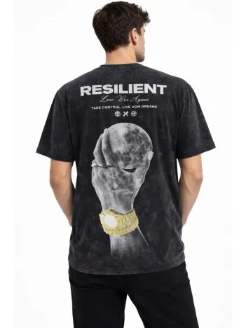 Erkek Asit Yıkamalı Baskılı Tişört Bisiklet Yaka Kısa Kollu Streetwear T-shirt - Siyah