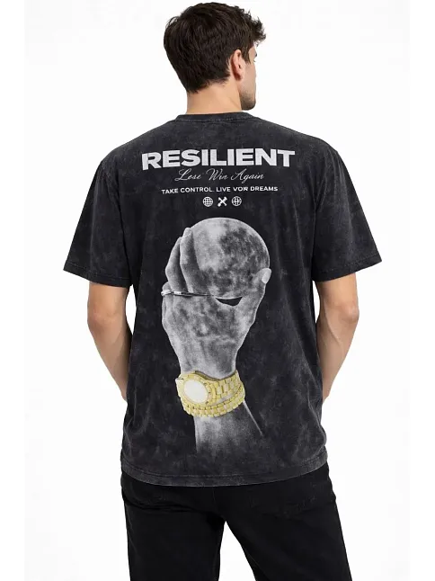Erkek Asit Yıkamalı Baskılı Tişört Bisiklet Yaka Kısa Kollu Streetwear T-shirt - Siyah