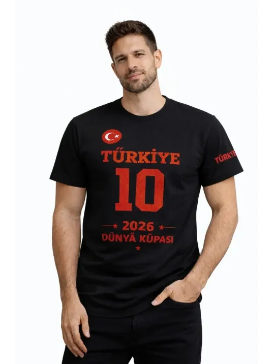 Erkek Türkiye Baskılı Tişört 2026 Dünya Kupası Taraftar Forma T-shirt - Siyah