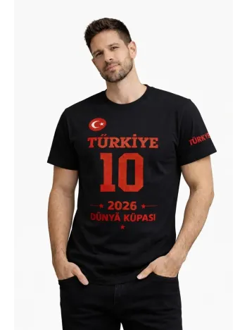 Erkek Türkiye Baskılı Tişört 2026 Dünya Kupası Taraftar Forma T-shirt - Siyah
