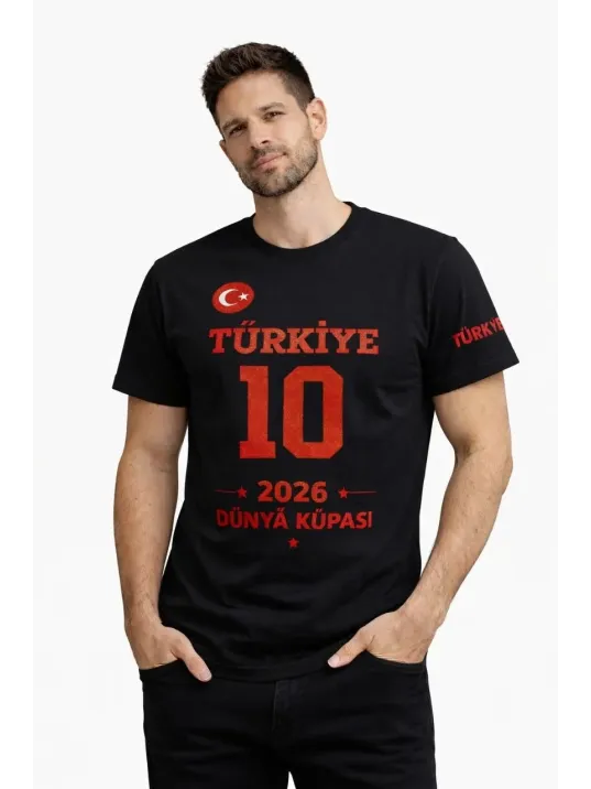 Erkek Türkiye Baskılı Tişört 2026 Dünya Kupası Taraftar Forma T-shirt - Siyah