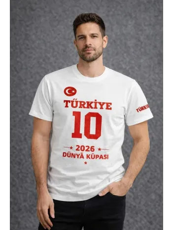 Erkek Türkiye Baskılı Tişört 2026 Dünya Kupası Taraftar Forma T-shirt - Beyaz