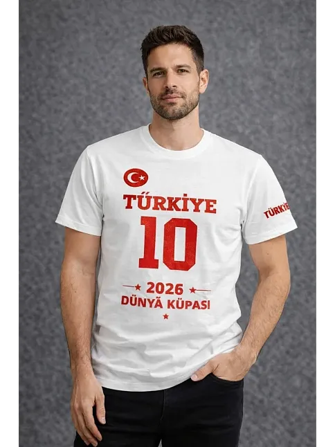 Erkek Türkiye Baskılı Tişört 2026 Dünya Kupası Taraftar Forma T-shirt - Beyaz
