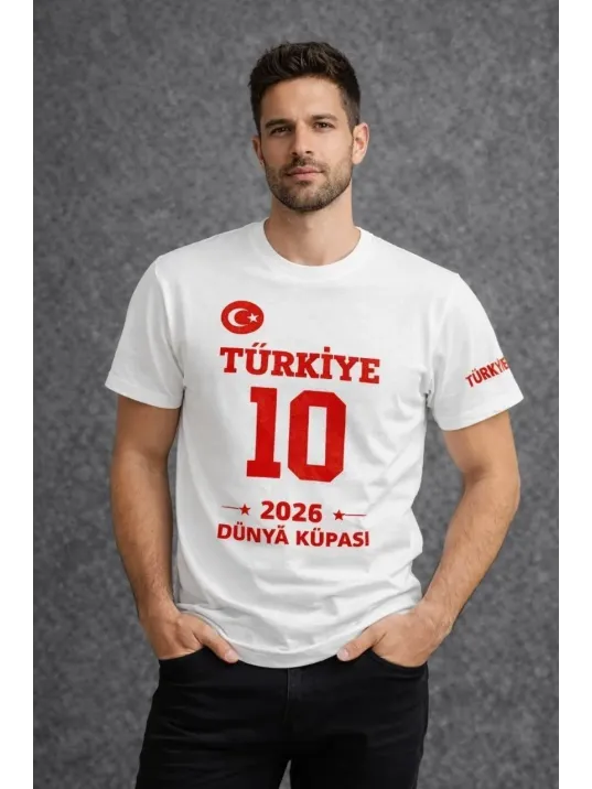 Erkek Türkiye Baskılı Tişört 2026 Dünya Kupası Taraftar Forma T-shirt - Beyaz