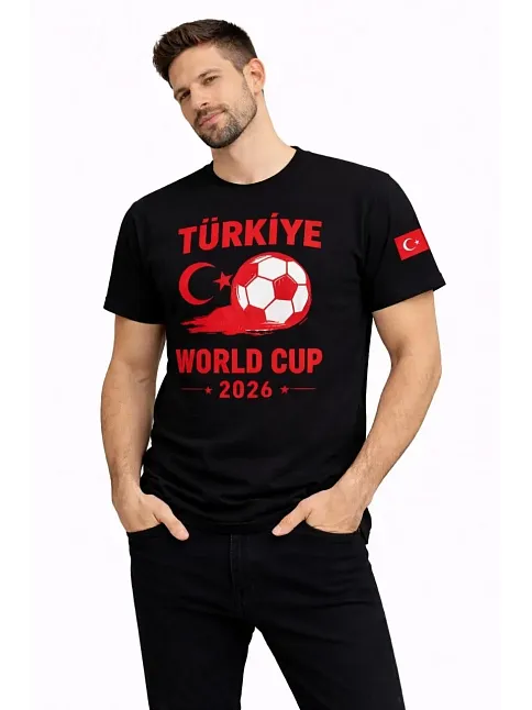 Erkek Türkiye World Cup 2026 Baskılı Tişört Futbol Temalı Forma T-shirt - Siyah